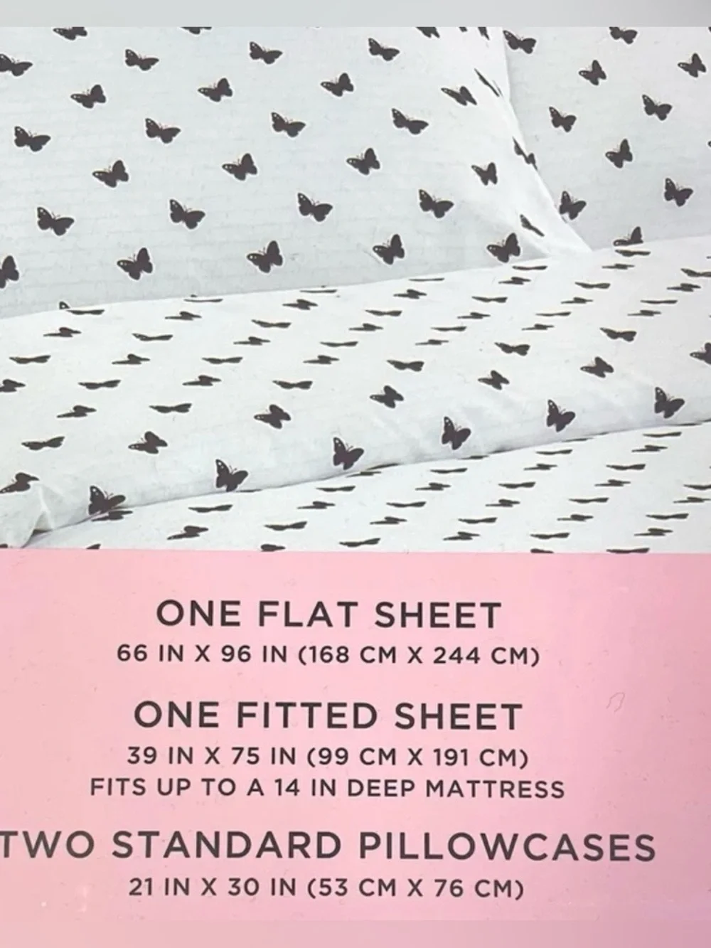 Juicy Couture 4-pc DP Twin Sheet Set White Pink Logos Black Butterflies NEW NIP